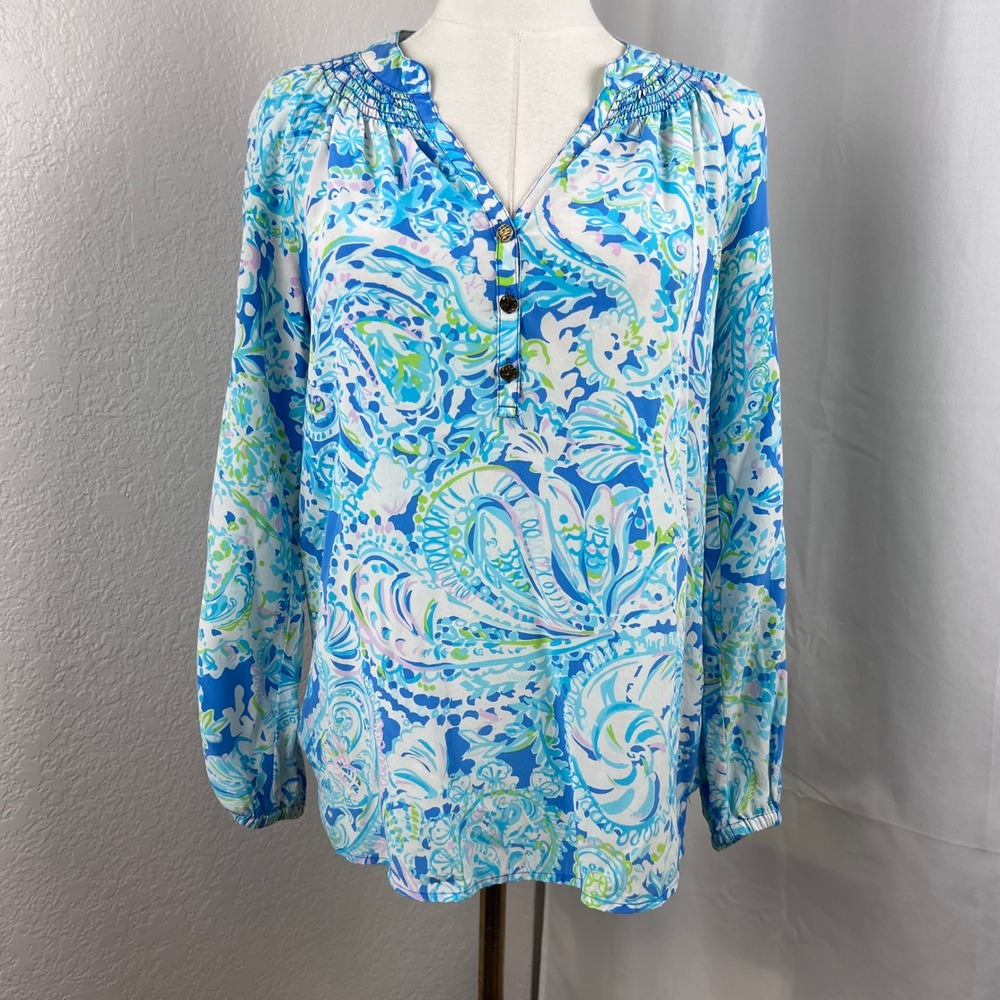 Lilly Pulitzer Elsa Blouse Womens XS Blue 100% Silk Paisley Floral Top Coastal